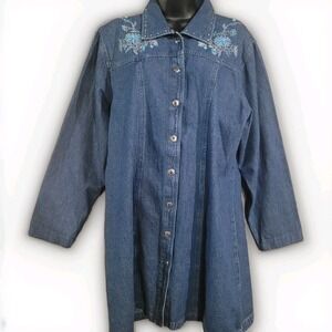 Susan Graver Beaded Western Denim Shacket Sz L Tunic Embroidered Rodeo Cowgirl